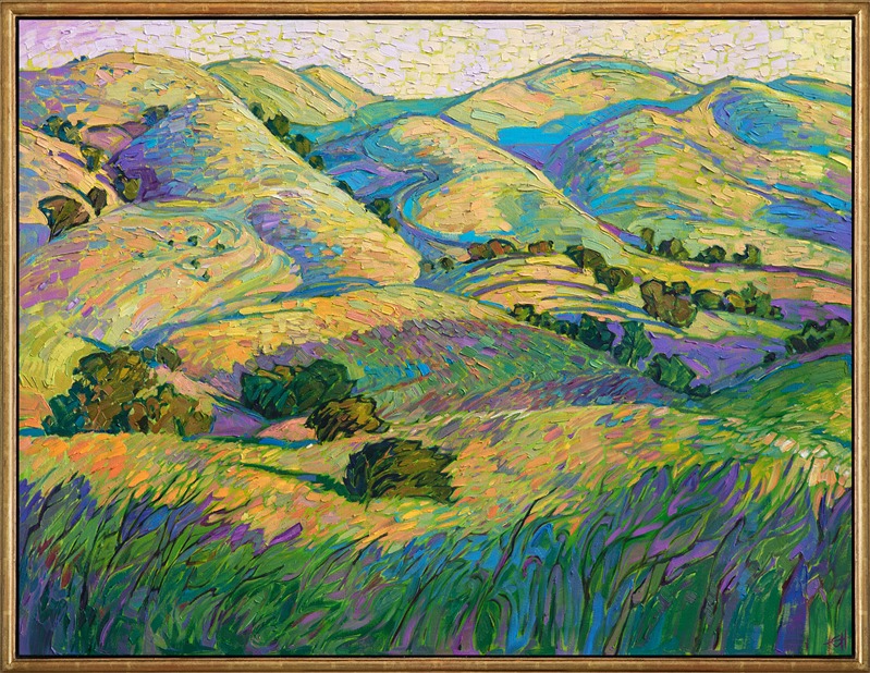 The idyllic rolling hills of central California's wine country are captured here in vibrant colors and thick, expressive brush strokes. The afternoon light seems to glow from the canvas, drawing you into the impressionistic vision created by the artist.</p><p>This painting was done on 1-1/2" canvas, with the edges of the canvas painted. The piece will be framed in a gold floater frame and it arrives ready to hang.