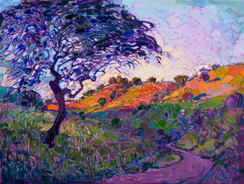 A country road winds through the curving hills of Paso Robles, while the brilliant color of a setting sun saturates the hillsides with hues of red and gold.  The brush strokes are loosely applied, their thick texture forming a mosaic of light across the canvas.

This painting was created on 1-1/2"-deep canvas, with the painting continued around the sides.  This piece has been framed in a gold floater frame and arrives wired and ready to hang.
