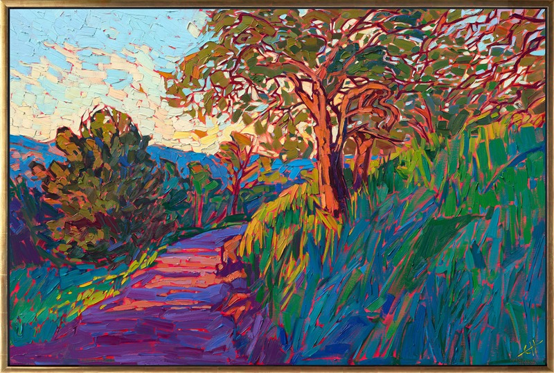 Dashing colors and bold brush strokes capture the vibrant hues of California's wine country in the spring time. This impressionist oil painting is alive with color and movement.</p><p>"Oaken Road" was created on 1-1/2" deep linen canvas. The piece arrives framed in a contemporary gold floater frame, ready to hang.
