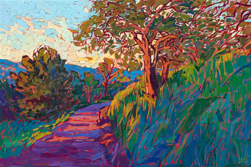 Dashing colors and bold brush strokes capture the vibrant hues of California's wine country in the spring time. This impressionist oil painting is alive with color and movement.</p><p>"Oaken Road" was created on 1-1/2" deep linen canvas. The piece arrives framed in a contemporary gold floater frame, ready to hang.