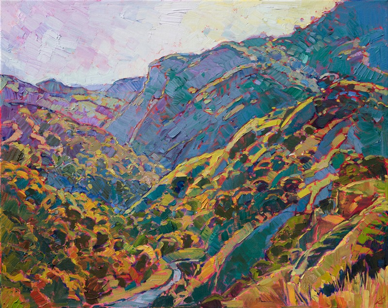 Layers of oak-covered mountains skirt the California coastline.  The rich hues of our sun-drenched landscape are captured in this painting with broad, loose brush strokes.  The impressionistic feeling of the piece lets you escape into your own realm of imagination.</p><p>This painting was done on 1-1/2" canvas, with the painting continued around the edges.  The painting will be framed in a 23kt gold leaf floater frame to complement the colors in the piece.  It arrives wired and ready to hang.