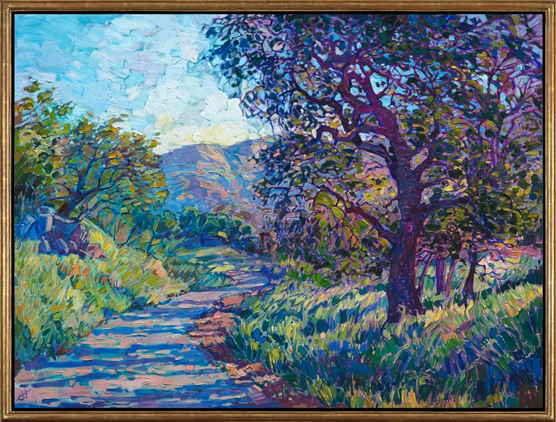 A curving road leads you through the idyllic landscape of Paso Robles in California's wine country.  The twisting branches of the oak tree cast long shadows across the pathway, creating a pattern of blue and purple.  The lush spring-time grasses cover the hillsides and beckon you into the distance.</p><p>This painting was done on 1-1/2" canvas, with the edges of the canvas painted. The piece will be framed in a gold floater frame and it arrives ready to hang.