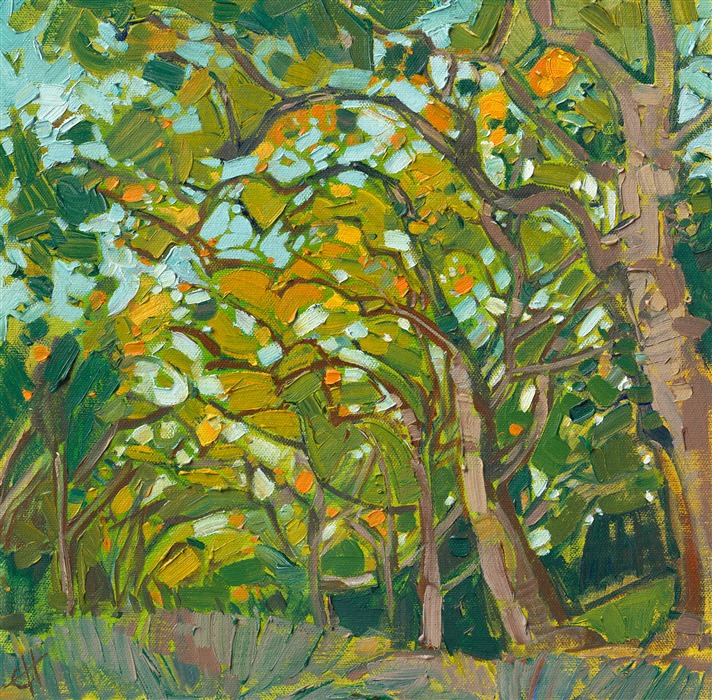 Green summer oaks overlap in a mosaic dance of color and light. Paso Robles is an endless inspiration for painting oak trees, rolling hills, and curving hills of vineyards.</p><p>"Oaks" is an original oil painting on canvas board. The piece arrives framed in a black and gold plein air frame.