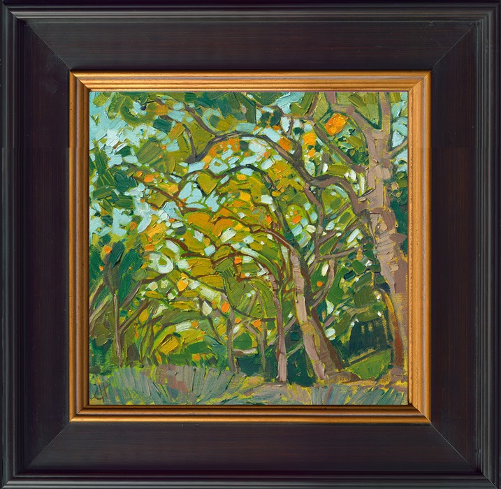 Green summer oaks overlap in a mosaic dance of color and light. Paso Robles is an endless inspiration for painting oak trees, rolling hills, and curving hills of vineyards.</p><p>"Oaks" is an original oil painting on canvas board. The piece arrives framed in a black and gold plein air frame.