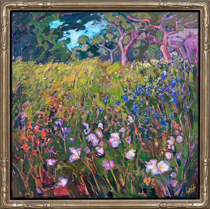 A rainbow of wildflowers dances beneath the oaks in this contemporary impressionist painting.  Loose, painterly brush strokes capture the movement and color of the outdoors.</p><p>This painting was created on 1-1/2" deep canvas, with the painting continued around the edges.  The painting arrives framed in a carved floater frame designed for the painting.