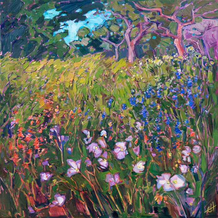 A rainbow of wildflowers dances beneath the oaks in this contemporary impressionist painting.  Loose, painterly brush strokes capture the movement and color of the outdoors.</p><p>This painting was created on 1-1/2" deep canvas, with the painting continued around the edges.  The painting arrives framed in a carved floater frame designed for the painting.