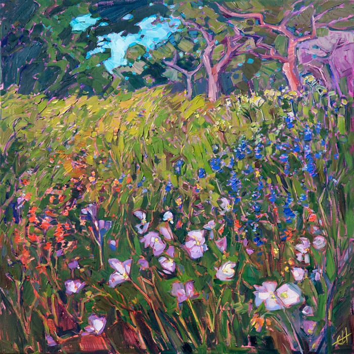 A rainbow of wildflowers dances beneath the oaks in this contemporary impressionist painting.  Loose, painterly brush strokes capture the movement and color of the outdoors.

This painting was created on 1-1/2" deep canvas, with the painting continued around the edges.  The painting arrives framed in a carved floater frame designed for the painting.
