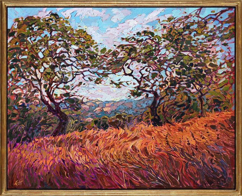 California oaks dance above a field of summer-golden grass, in this painting of Paso Robles wine country. The brush strokes are thick and impressionistic, alive with color and motion.</p><p>This painting was created on 1-1/2" canvas and arrives framed in a custom-made floater frame.