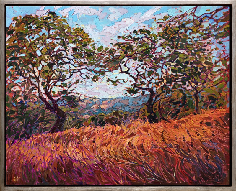 California oaks dance above a field of summer-golden grass, in this painting of Paso Robles wine country. The brush strokes are thick and impressionistic, alive with color and motion.</p><p>This painting was created on 1-1/2" canvas and arrives framed in a custom-made floater frame.