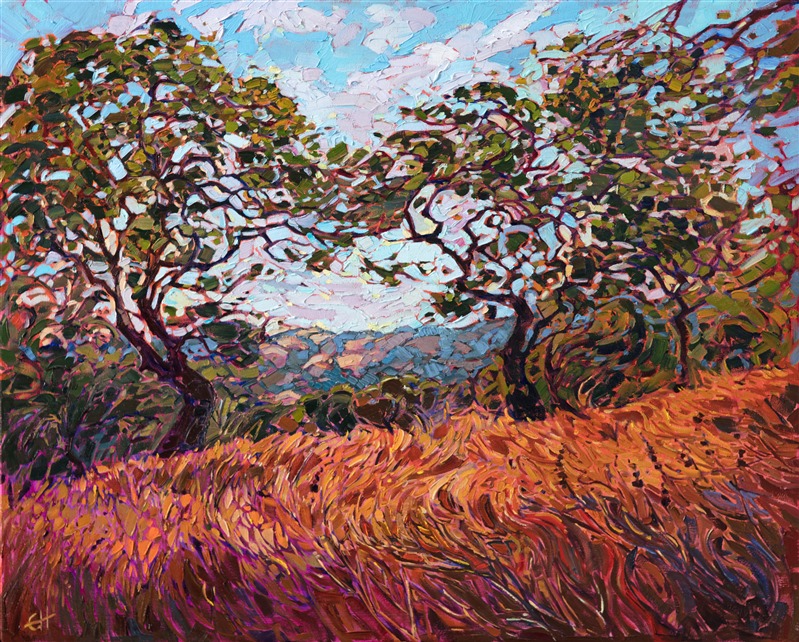 California oaks dance above a field of summer-golden grass, in this painting of Paso Robles wine country. The brush strokes are thick and impressionistic, alive with color and motion.</p><p>This painting was created on 1-1/2" canvas and arrives framed in a custom-made floater frame.