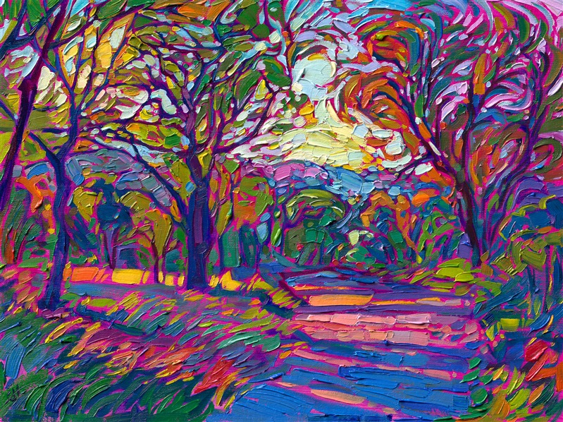 Bands of light pass through this grove of oak trees, which cast long shadows across the grass and pathway. The thick strokes of oil paint capture the early morning color of the scene.</p><p>"Oaks and Light" was created on 1/8" linen board. The painting arrives framed in a gold plein air frame, ready to hang.