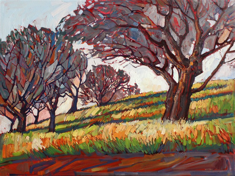 These colorful autumn oaks appealed to the artist, and she dramatized their color and stylized the composition of the trees to create a somewhat surreal feel to the painting.
