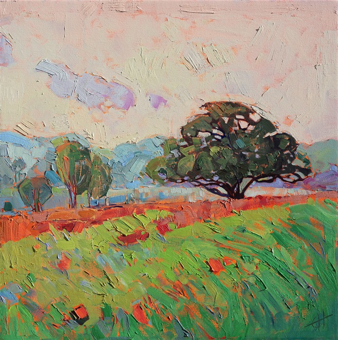 Rising mists slowly reveal the layers of oaks and hillsides hidden in the early morning fog. The pale light of this painting captures the subtle colors of dawn, the wet grass, and the blooming wildflowers. Thick brush strokes create a mosaic of color and texture across the canvas.<br/>