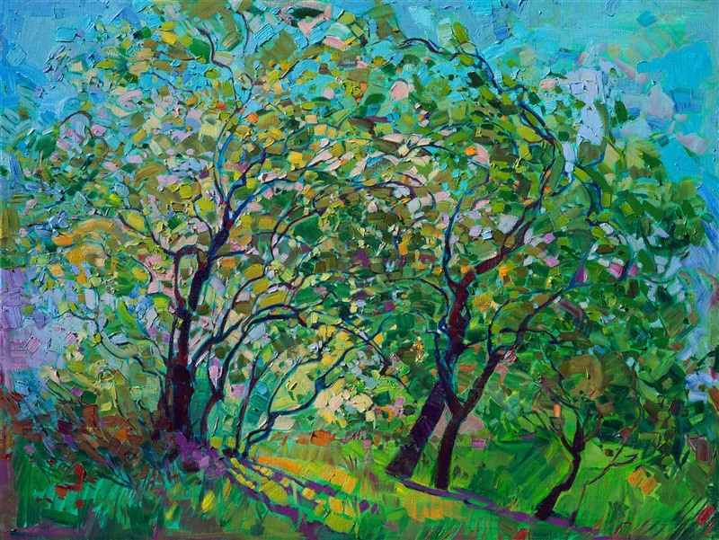 Sparkling color refracts through the leaves of these California oaks.  This expressionist painting uses texture and emotional color to bring the landscape to life.
