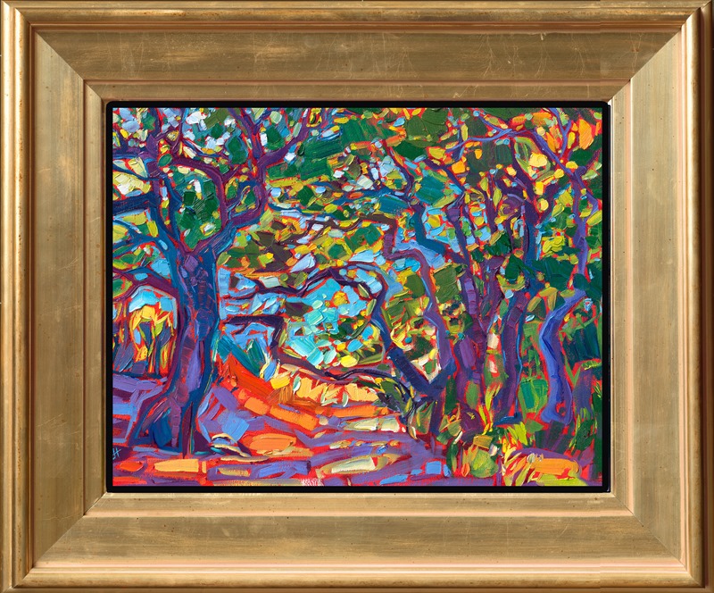 A petite work filled with the scintillating colors of late afternoon, "Oaks in Light" captures a tree-lined trail through the hills. The brush strokes in this painting are laid side by side, creating a mosaic of color and texture across the canvas.</p><p>"Oaks in Light" is an original oil painting on linen board, created in Hanson's iconic Open Impressionism style. This piece arrives framed in a custom-made, gold plein air frame (mock floater style, so the edges are uncovered).