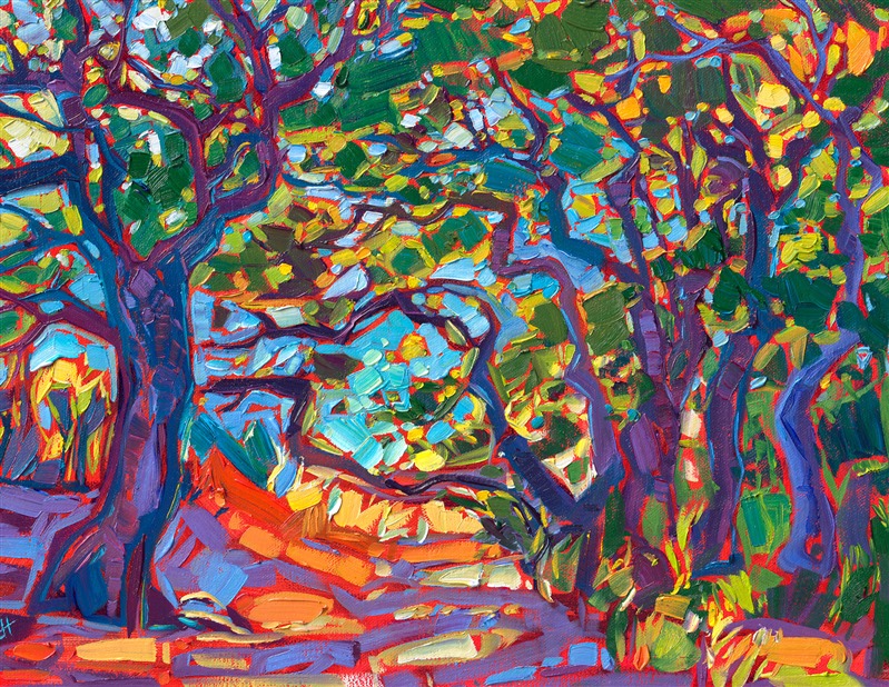 A petite work filled with the scintillating colors of late afternoon, "Oaks in Light" captures a tree-lined trail through the hills. The brush strokes in this painting are laid side by side, creating a mosaic of color and texture across the canvas.</p><p>"Oaks in Light" is an original oil painting on linen board, created in Hanson's iconic Open Impressionism style. This piece arrives framed in a custom-made, gold plein air frame (mock floater style, so the edges are uncovered).