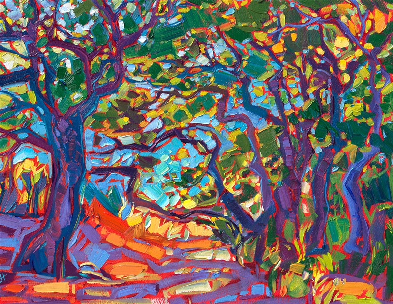A petite work filled with the scintillating colors of late afternoon, "Oaks in Light" captures a tree-lined trail through the hills. The brush strokes in this painting are laid side by side, creating a mosaic of color and texture across the canvas.

This painting is being sold on consignment.

"Oaks in Light" is an original oil painting on linen board, created in Hanson's iconic Open Impressionism style. This piece arrives framed in a custom-made, gold plein air frame (mock floater style, so the edges are uncovered).