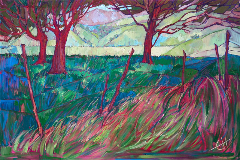 This is a scene that Hanson painted over and over again until she got it right in this painting.  She wanted to capture the distinct contrast of the trees' dark red bark against the faded hills in the background, while bringing to life the movement of the long grasses.</p><p>This painting was created on 1-1/2" canvas, with the painting continued around the edges.  It has been framed in a gold floater frame.</p><p>This painting was included in the exhibition <i><a href="https://www.erinhanson.com/Event/ContemporaryImpressionismatGoddardCenter" target="_blank">Open Impressionism: The Works of Erin Hanson</i></a>, a 10-year retrospective and study of the development of Open Impressionism.