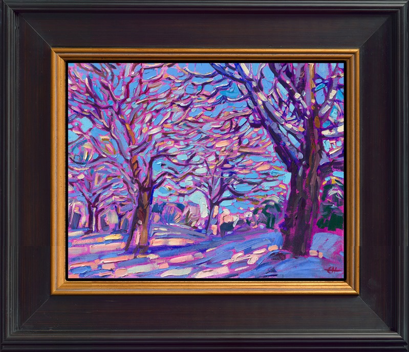 Winter oak trees draped in snow catch the light of dawn. The brush strokes in this petite painting are loose and impressionistic, re-creating the transient light of the landscape.</p><p>"Oaks in Snow" is an original oil painting on linen board in Erin Hanson's signature Open Impressionism style. The piece arrives framed in a wide, mock floater frame finished in black with gold edging.</p><p>This piece will be displayed in Erin Hanson's annual <i><a href="https://www.erinhanson.com/Event/petiteshow2023">Petite Show</i></a> in McMinnville, Oregon. This painting is available for purchase now, and the piece will ship after the show on November 11, 2023. 