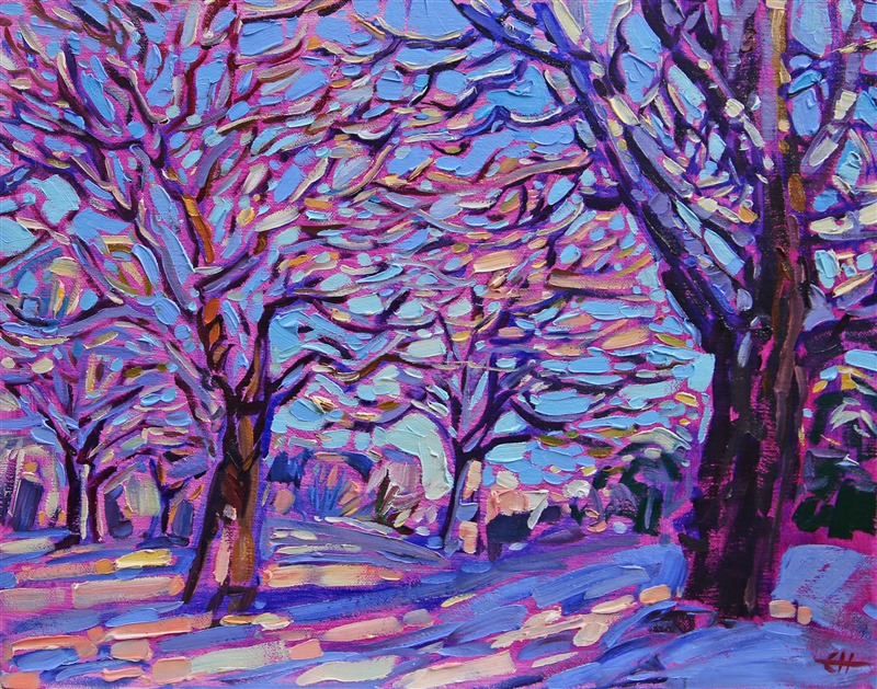 Winter oak trees draped in snow catch the light of dawn. The brush strokes in this petite painting are loose and impressionistic, re-creating the transient light of the landscape.</p><p>"Oaks in Snow" is an original oil painting on linen board in Erin Hanson's signature Open Impressionism style. The piece arrives framed in a wide, mock floater frame finished in black with gold edging.</p><p>This piece will be displayed in Erin Hanson's annual <i><a href="https://www.erinhanson.com/Event/petiteshow2023">Petite Show</i></a> in McMinnville, Oregon. This painting is available for purchase now, and the piece will ship after the show on November 11, 2023. 
