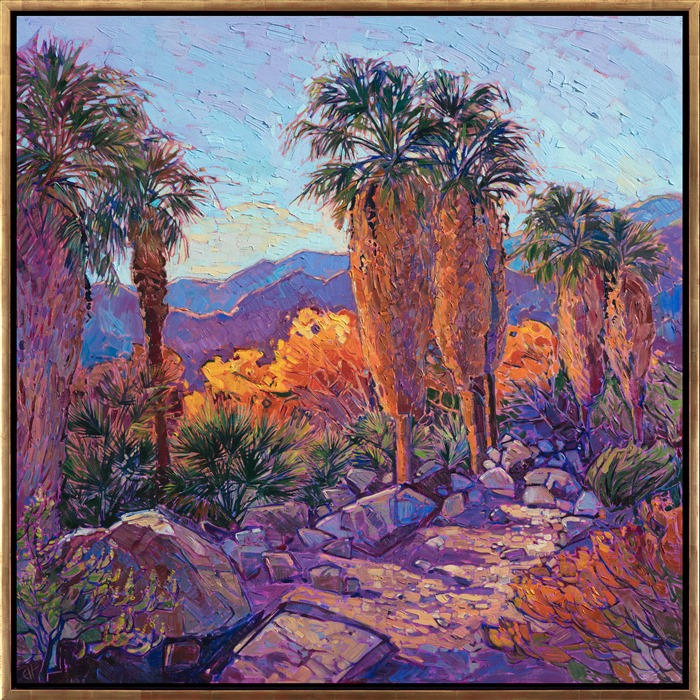 This painting was inspired by an afternoon hike through Thousand Palms Oasis, in the California desert. The lush plantlife growing around McCallum Pond catches the warm afternoon light, and the rocky ground glows with color. The brush strokes in this painting are loose and impressionistic, vibrantly alive with motion.</p><p>This painting was created on 1-1/2" canvas, and the painting is continued around the edges of the canvas. The painting has been framed in a custom-made gold floater frame.