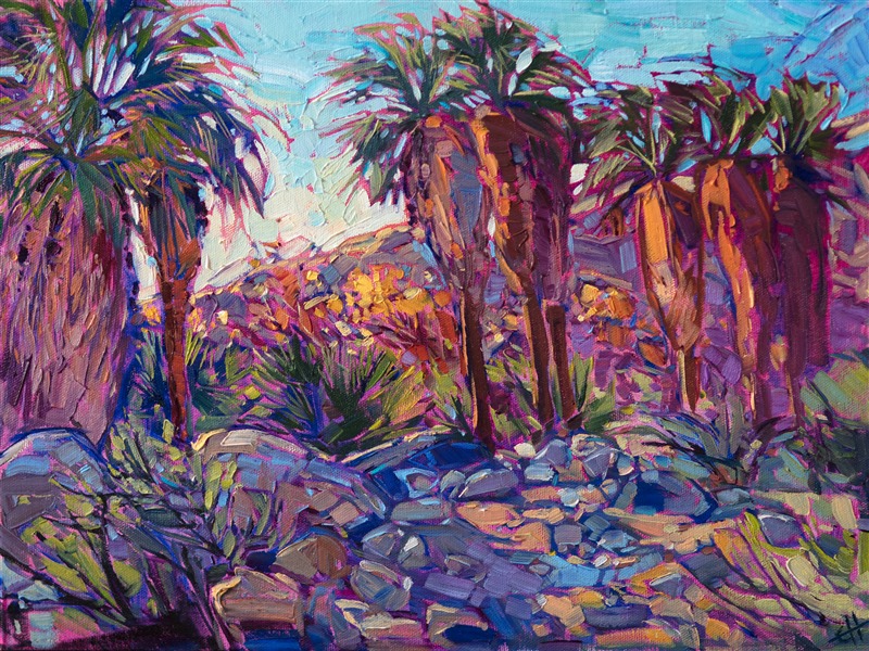 This painting of McCallum Grove, in Thousand Palms Oasis, captures the vivid colors and lush greenery found in the middle of the rocky desert. The brush strokes are loose and impressionistic, alive with color and motion.</p><p>This painting will be framed in a gold and black plein air frame. 