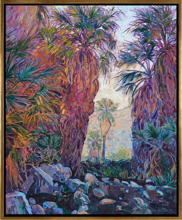 This painting was inspired by the Indian Canyon palm oasis near Palm Springs, California. The cool waters of the oasis are surrounded by lush ferns and palm trees, a stark contrast to the dry desert mountains only a hundred yards away. This painting captures the feeling of standing near the oasis, enjoying the cool, shaded vista.</p><p>"Oasis Palms" was created on 1-1/2" canvas, with the painting continued around the edges of the canvas. The piece has been framed in a custom gold floating frame.