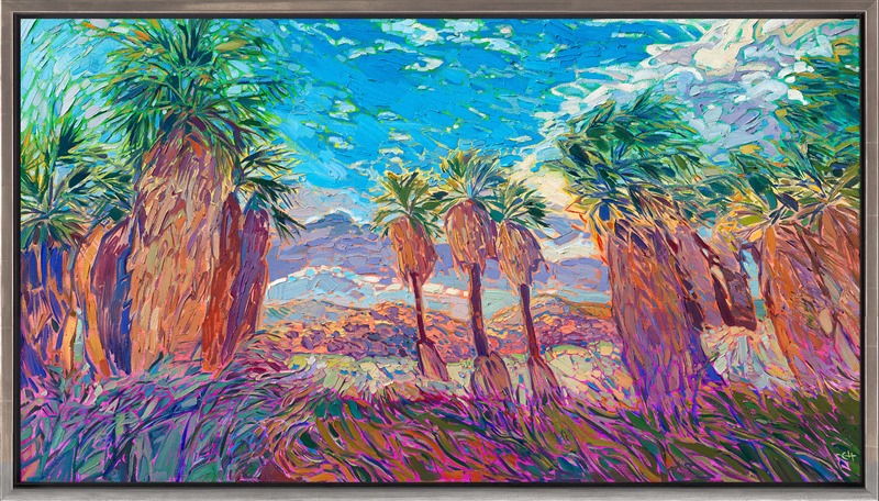 Long, luscious brushstrokes of oil paint capture the vivacious color and windy movement of Thousand Palms Oasis near Palm Springs, California. The painting seems to come alive as you look at it, capturing the feeling of being out-of-doors in the windy desert.</p><p>"Oasis Sky" is an original oil painting for sale. The painting was created on 1-1/2"-deep stretched canvas, and it arrives framed in a burnished silver floating frame, ready to hang.