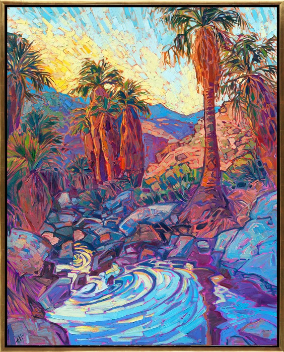 Running pools of water ripple between tall palm trees at Indian Palms oasis, near Palm Springs. The sunset sky is reflected in the oasis water, and the abstract shapes of the desert are beautifully captured in the Open Impressionist style.</p><p>"Oasis Waters" is an original oil painting on stretched canvas. The piece arrives framed and ready to hang.