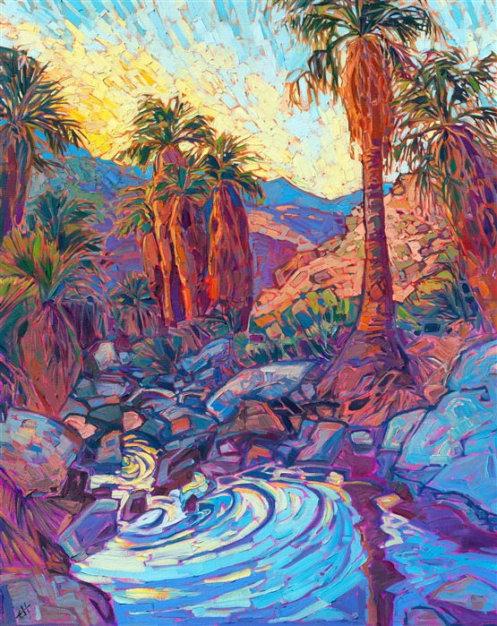 Running pools of water ripple between tall palm trees at Indian Palms oasis, near Palm Springs. The sunset sky is reflected in the oasis water, and the abstract shapes of the desert are beautifully captured in the Open Impressionist style.</p><p>"Oasis Waters" is an original oil painting on stretched canvas. The piece arrives framed and ready to hang.