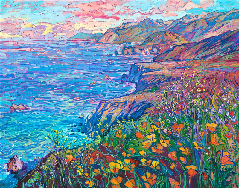 Blooming wildflowers grow in abundance along Highway 1. The glorious variety of color sparkles in the sunlight, a beautiful contrast to the blue and turquoise ocean waters below. Thick, impressionistic brush strokes capture all the lavish colors of California.</p><p>