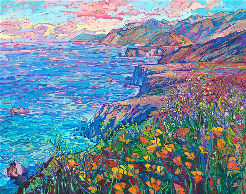 Blooming wildflowers grow in abundance along Highway 1. The glorious variety of color sparkles in the sunlight, a beautiful contrast to the blue and turquoise ocean waters below. Thick, impressionistic brush strokes capture all the lavish colors of California.


