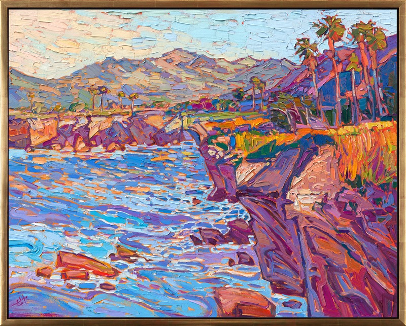 The coastline near Santa Barbara is lined with palm trees silhouetted against the nearby coastal mountain range. The colorful cliffs fall steeply into the swirling waters below. The scene is captured with loose, impressionistic brush strokes.</p><p>"Coastal Vista II" was created on 1-1/2" deep canvas, and the painting arrives framed in a contemporary gold floater frame, ready to hang.</p><p>Exhibited at the Santa Paula Art Museum for Erin's <a href="https://www.erinhansonprints.com/Event/CaliforniaImpressionismatSantaPaulaMuseum" target="_blank"><i>Colors of California</a></i> solo exhibition, 2021.