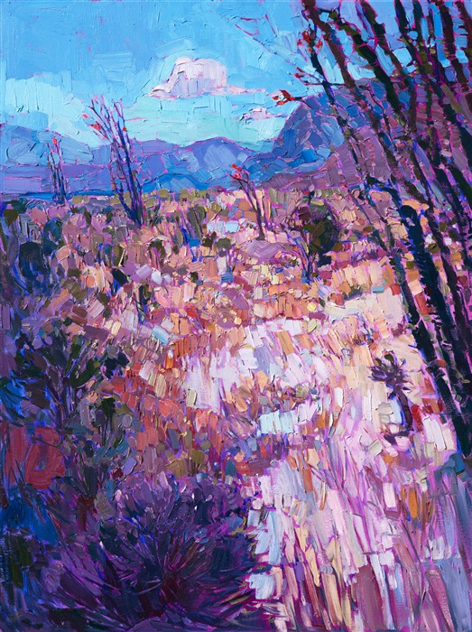 Borrego Springs in California's southern desert becomes alive with color in the springtime.  The desert scrub blooms with purple and yellow flowers, while the stately ocotillos give birth to bright red, bird-like flowers.  This oil painting is painted with loose, painterly brush strokes, creating a sense of motion within the painting.

This painting was created on a gallery-depth canvas with the painting continued around the edges. The painting will arrive in a beautiful hardwood floater frame, ready to hang.