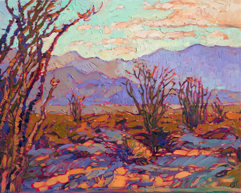 Autumn-colored ocotillo cacti decorate the high desert floor of Borrego Springs, California.  This idyllic desert destination has wonderful hiking and exploring opportunities.  I love painting the colorful scenery and dramatic backdrop of purple mountains that surround the valley.</p><p>This painting was done on 1-1/2" canvas, with the painting continued around the edges.  The painting will be framed in a 23kt gold leaf floater frame to complement the colors in the piece.  It arrives wired and ready to hang.