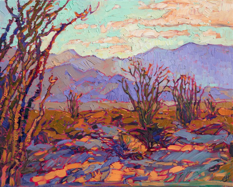 Autumn-colored ocotillo cacti decorate the high desert floor of Borrego Springs, California.  This idyllic desert destination has wonderful hiking and exploring opportunities.  I love painting the colorful scenery and dramatic backdrop of purple mountains that surround the valley.

This painting was done on 1-1/2" canvas, with the painting continued around the edges.  The painting will be framed in a 23kt gold leaf floater frame to complement the colors in the piece.  It arrives wired and ready to hang.