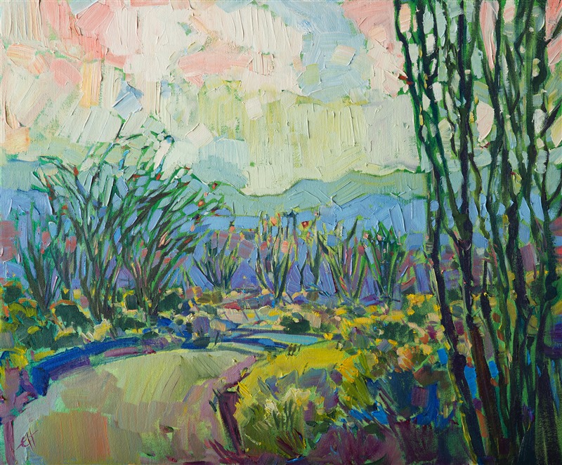 The ocotillo forest in Joshua Tree is lush with thickly growing cacti, the ocotillos alive with red blooms in the spring.  This contemporary impressionist painting captures the movement and color of the southern California desert.</p><p>This painting was created on 3/4"-deep canvas. It has been framed in a beautiful complementary plein air frame and arrives wired and ready to hang.