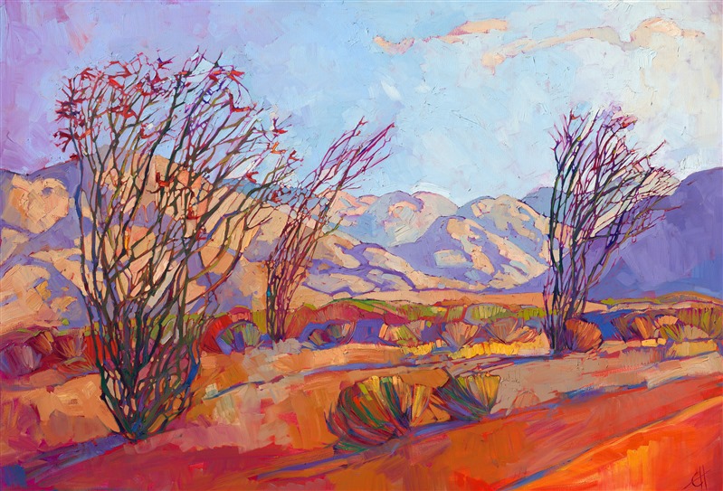 The California desert turns into a surprising rainbow of color during the last hours of daylight. Borrego Springs is a beautiful place to enjoy the desert and blooming ocotillo in the springtime. This painting, full of color and motion, brings the desert to you.</p><p>"Ocotillo Jewel" is an original oil painting created on stretched canvas. The piece arrives framed in a burnished, gold leaf floater frame, ready to hang.</p><p>The Erin Hanson Gallery is selling this painting on consignment.