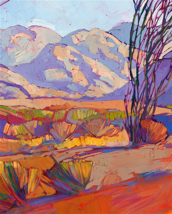 The California desert turns into a surprising rainbow of color during the last hours of daylight. Borrego Springs is a beautiful place to enjoy the desert and blooming ocotillo in the springtime. This painting, full of color and motion, brings the desert to you.</p><p>"Ocotillo Jewel" is an original oil painting created on stretched canvas. The piece arrives framed in a burnished, gold leaf floater frame, ready to hang.</p><p>The Erin Hanson Gallery is selling this painting on consignment.