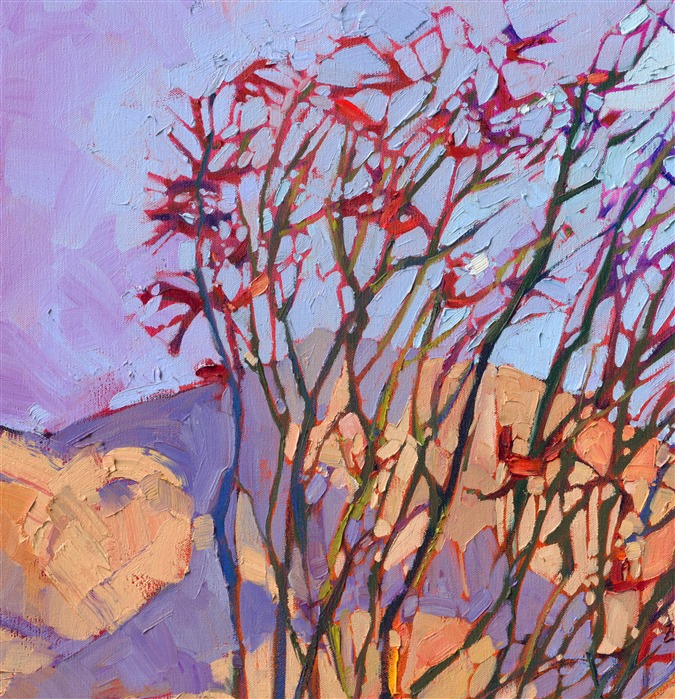 The California desert turns into a surprising rainbow of color during the last hours of daylight. Borrego Springs is a beautiful place to enjoy the desert and blooming ocotillo in the springtime. This painting, full of color and motion, brings the desert to you.</p><p>"Ocotillo Jewel" is an original oil painting created on stretched canvas. The piece arrives framed in a burnished, gold leaf floater frame, ready to hang.</p><p>The Erin Hanson Gallery is selling this painting on consignment.