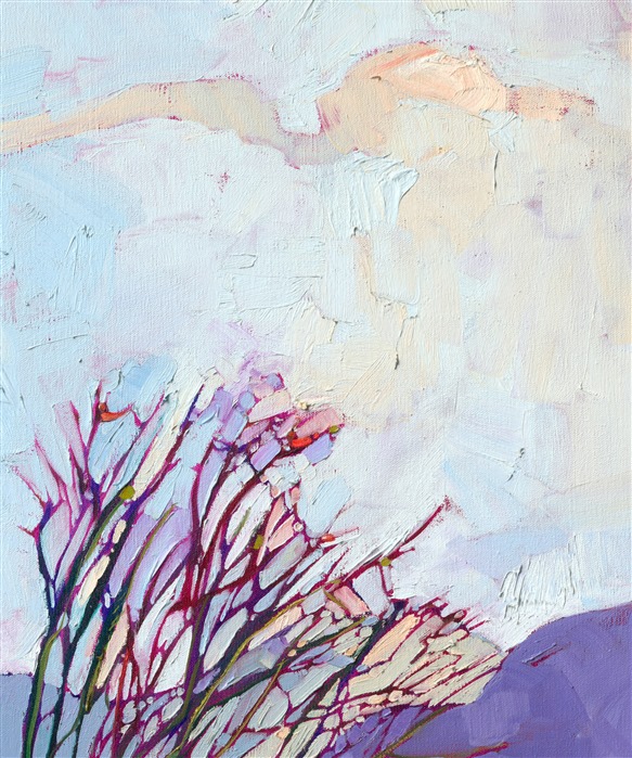 The California desert turns into a surprising rainbow of color during the last hours of daylight. Borrego Springs is a beautiful place to enjoy the desert and blooming ocotillo in the springtime. This painting, full of color and motion, brings the desert to you.</p><p>"Ocotillo Jewel" is an original oil painting created on stretched canvas. The piece arrives framed in a burnished, gold leaf floater frame, ready to hang.</p><p>The Erin Hanson Gallery is selling this painting on consignment.