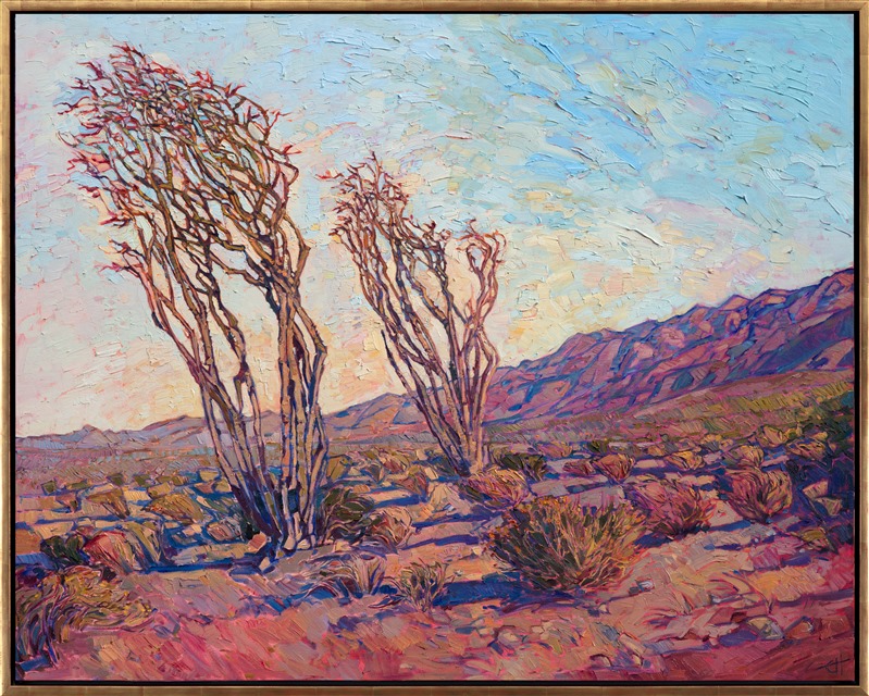 Delicate morning light plays over the ocotillo cacti in Borrego Springs, casting a blanket of warmth over the landscape. The painting is alive with the movement of the outdoors and captures the feeling of standing in the California desert, surrounded by the beauty of early spring.</p><p>This painting was created on 1-1/2" canvas, with the painting continued around the edges. The piece will be framed in a gold floater frame and arrives ready to hang. 