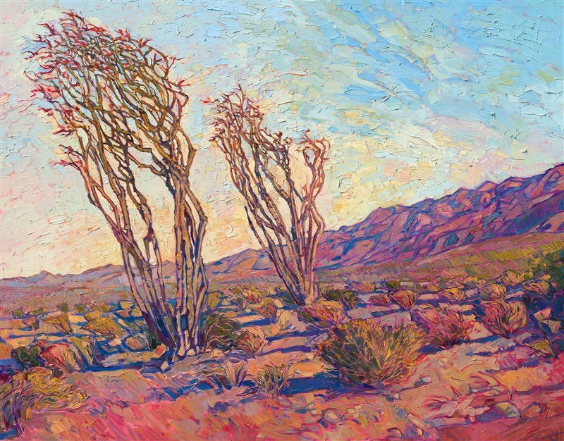 Delicate morning light plays over the ocotillo cacti in Borrego Springs, casting a blanket of warmth over the landscape. The painting is alive with the movement of the outdoors and captures the feeling of standing in the California desert, surrounded by the beauty of early spring.</p><p>This painting was created on 1-1/2" canvas, with the painting continued around the edges. The piece will be framed in a gold floater frame and arrives ready to hang. 