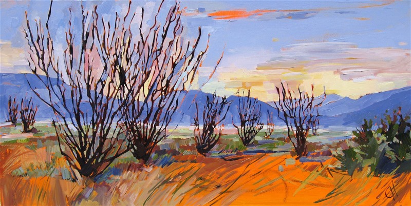 Hot cadmium orange burns through the sand in this oil painting of Joshua Tree National Park.