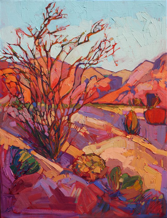 This painting is in the permanent collection at The La Salle University Art Museum, in Philadelphia, Pennsylvania.  

Beautiful and subtle color changes move across this California desert landscape. The abstract shapes of the landscape are dramatized in contrasting colors and brush strokes.