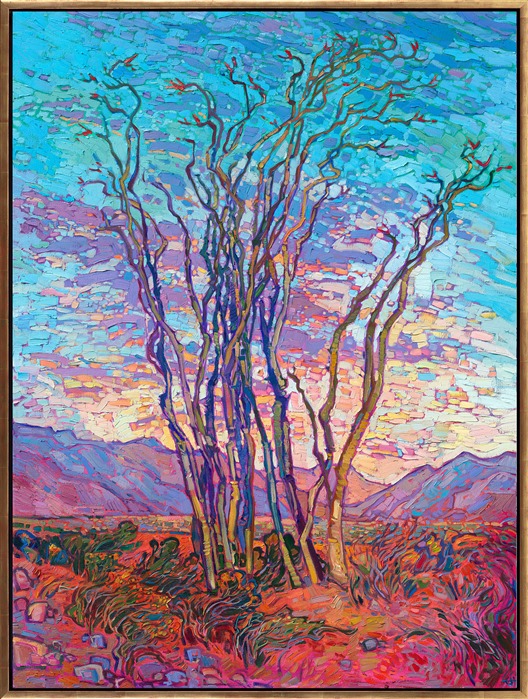 The ocotillo is an iconic desert plant in southern California and Arizona. The tall, stately ocotillo is most beautiful in spring, when it is covered in tiny green leaves and bright red flowers burst from the ends of each stalk. This painting captures a scene from the Mojave Desert, in Joshua Tree National Park.</p><p>"Ocotillo Sunset" is an original oil painting on stretched canvas. The piece arrives framed in an elegant gold floater frame, ready to hang.