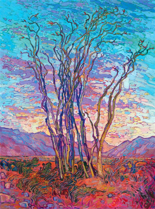 The ocotillo is an iconic desert plant in southern California and Arizona. The tall, stately ocotillo is most beautiful in spring, when it is covered in tiny green leaves and bright red flowers burst from the ends of each stalk. This painting captures a scene from the Mojave Desert, in Joshua Tree National Park.</p><p>"Ocotillo Sunset" is an original oil painting on stretched canvas. The piece arrives framed in an elegant gold floater frame, ready to hang.