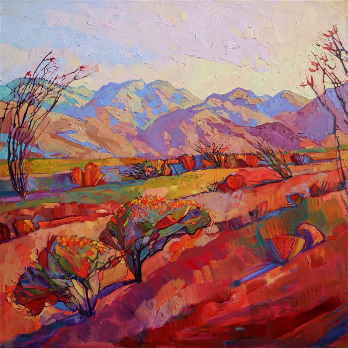 This beautiful, jewel-toned triptych painting spans eight feet of wall space across three canvases, the landscape continuing around the edges of the canvas for a clean, modern look. Borrego Springs is captured in all the beautiful colors seen in the desert at sunset. The brush strokes are thick and lively, creating a painting full of energy and motion.