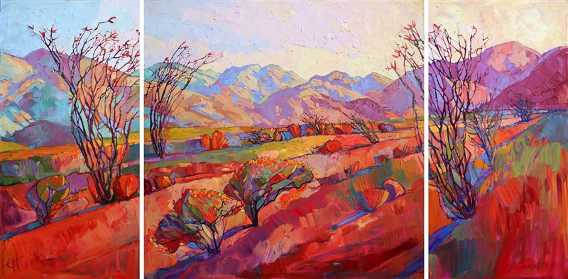 This beautiful, jewel-toned triptych painting spans eight feet of wall space across three canvases, the landscape continuing around the edges of the canvas for a clean, modern look. Borrego Springs is captured in all the beautiful colors seen in the desert at sunset. The brush strokes are thick and lively, creating a painting full of energy and motion.