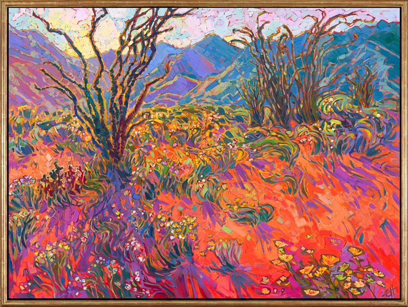 The rare phenomenon of the desert super bloom is captured in this painting of Borrego Springs, California. The warm hues of the desert contrast with the cool greens and yellows of springtime. Each brush stroke was applied to capture the rhythm of the landscape.</p><p>"Ocotillo and Blooms" is an original oil painting on stretched canvas. The painting arrives in a hand-made, closed corner, gold floater frame.